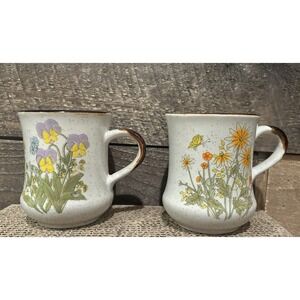 Vintage Takahashi Speckled‎ Stoneware Floral Coffee Mugs Lot Of 2 Retro